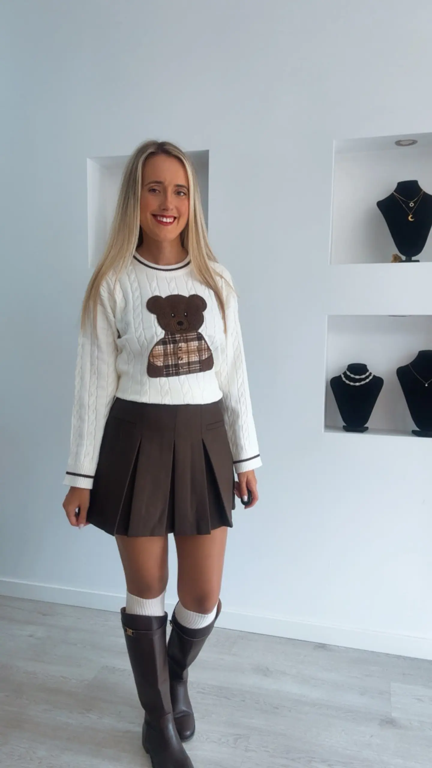 Camisola de Malha com Detalhe de Urso e Camisa aos Quadrados - TU 1