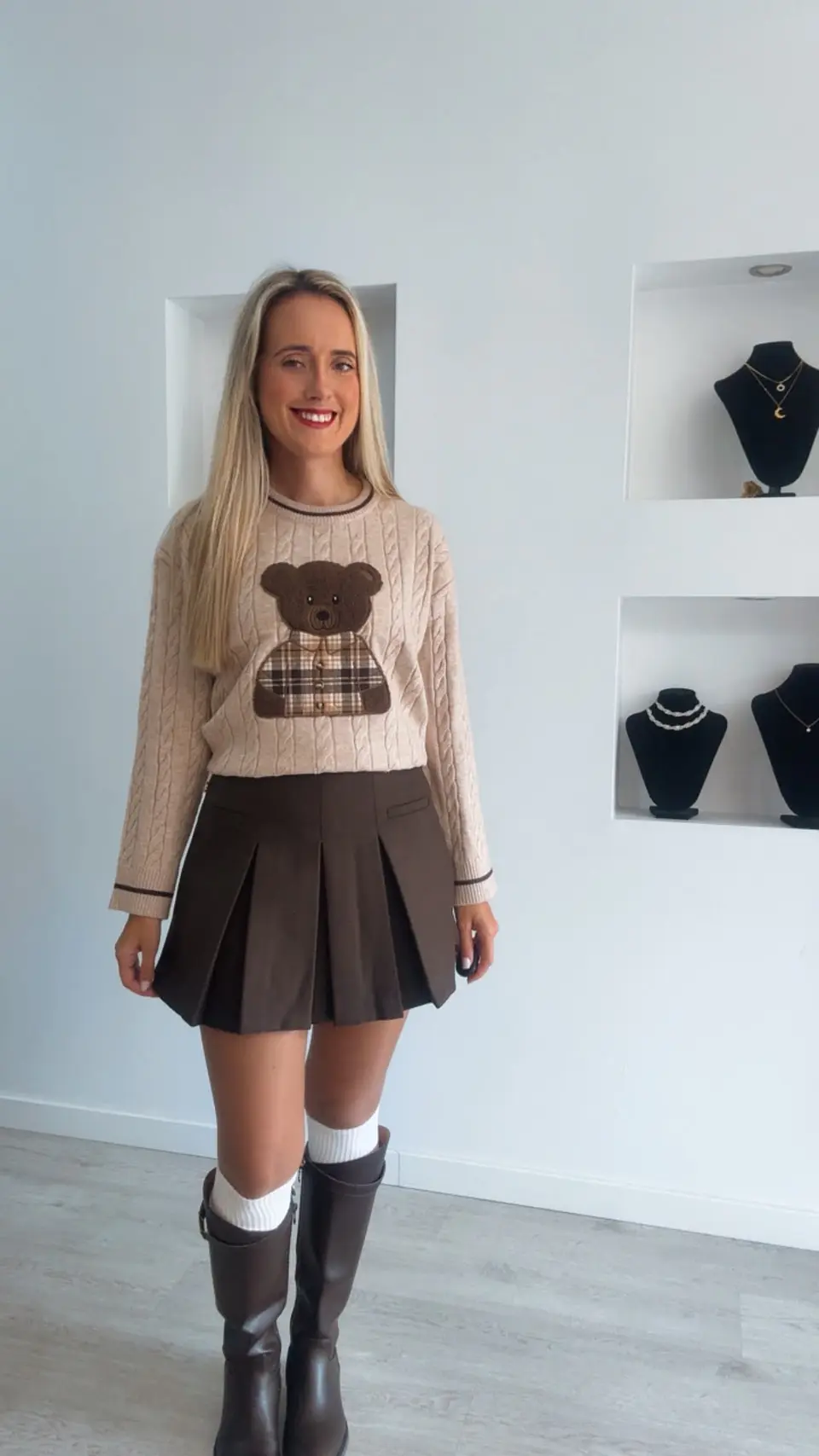 Camisola de Malha com Detalhe de Urso e Camisa aos Quadrados - TU 8
