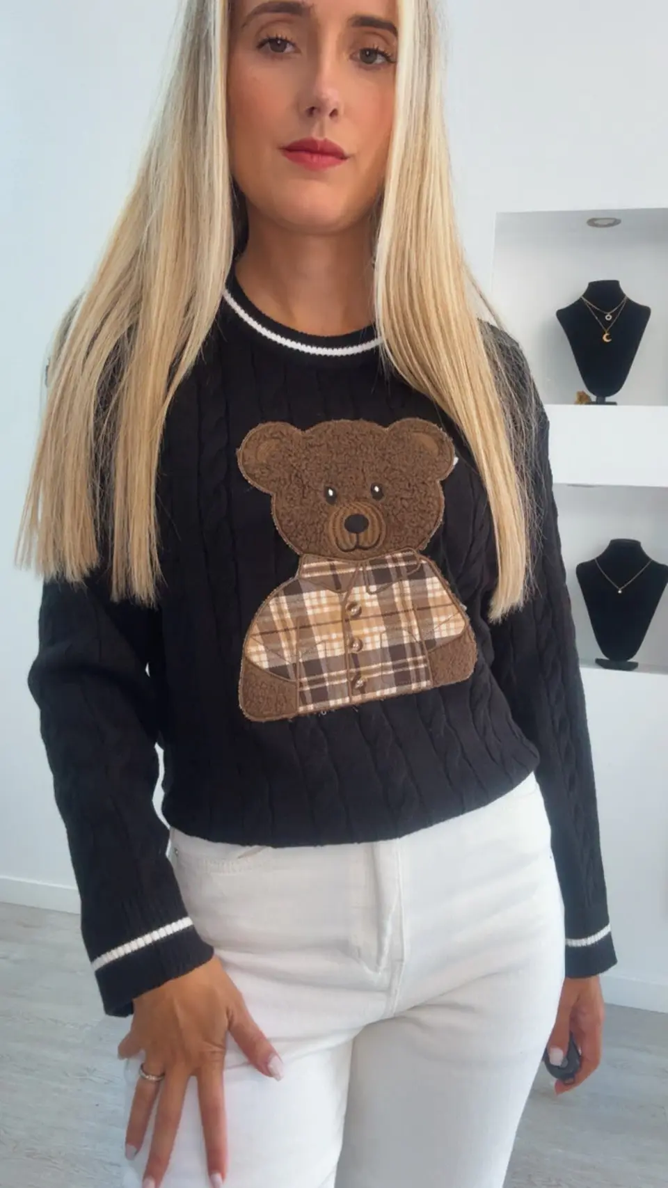 Camisola de Malha com Detalhe de Urso e Camisa aos Quadrados - TU 11