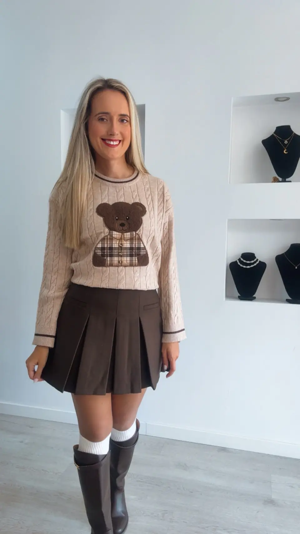 Camisola de Malha com Detalhe de Urso e Camisa aos Quadrados - TU 10