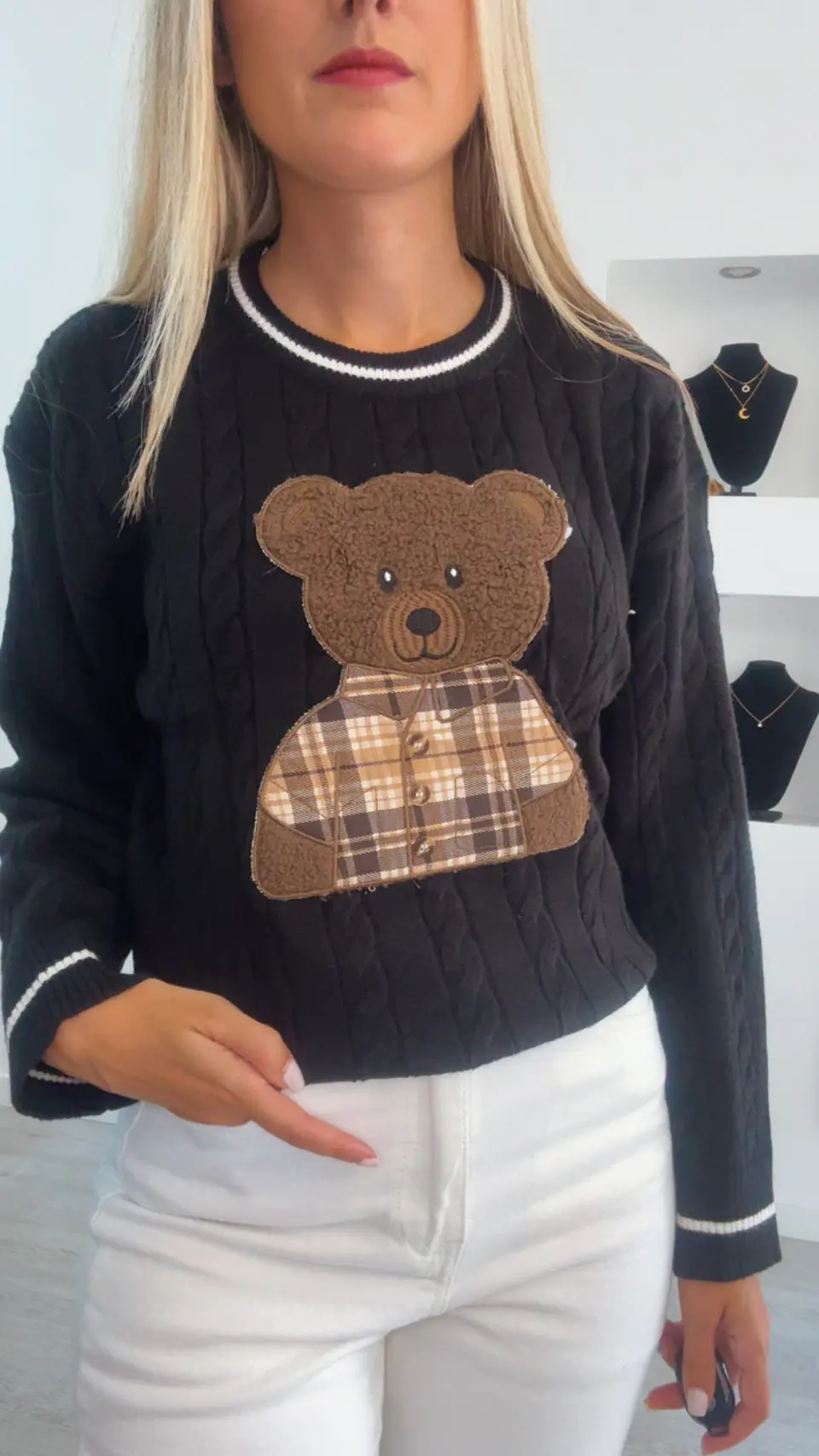 Camisola de Malha com Detalhe de Urso e Camisa aos Quadrados - TU 12