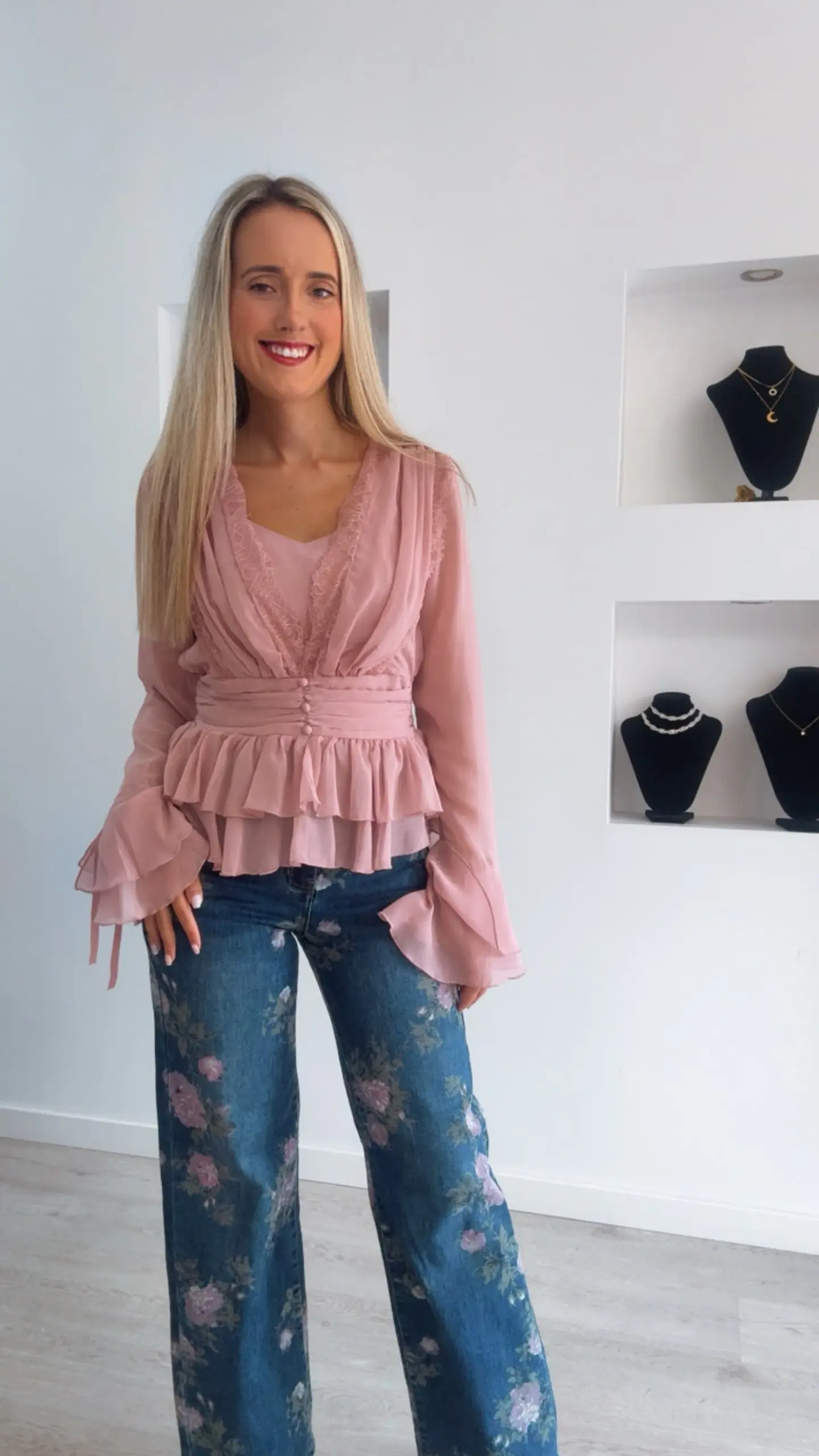 Calças Wide Leg com Flores Rosa 4