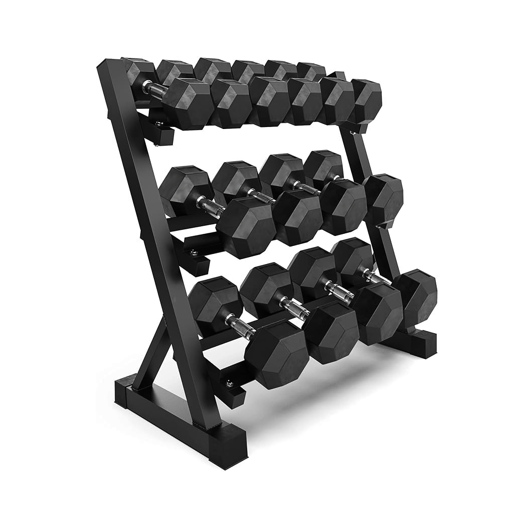 Pack 210 Kg Mancuernas Hexagonales (7.5 a 22.5kg) + Rack 3 Niveles 1