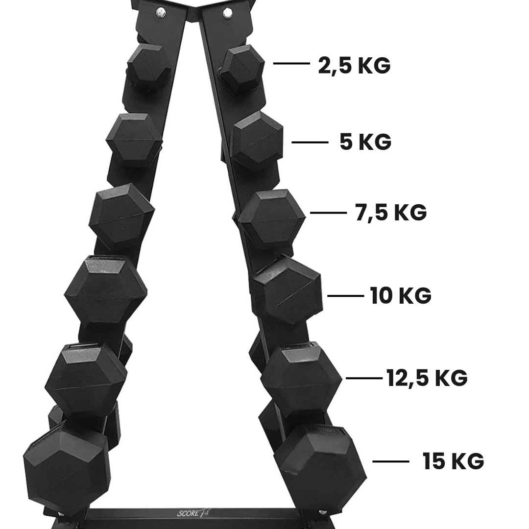 Pack 105 Kg Mancuernas Hexagonales (2.5 a 15kg) + Rack Triangular 2