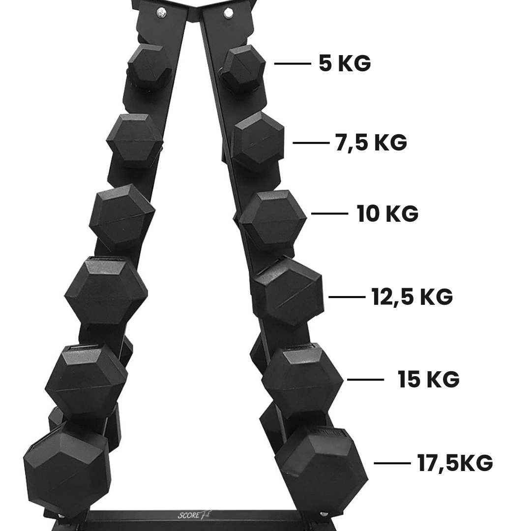 Pack 135 Kg Mancuernas Hexagonales (5 a 17.5kg) + Rack Triangular 2