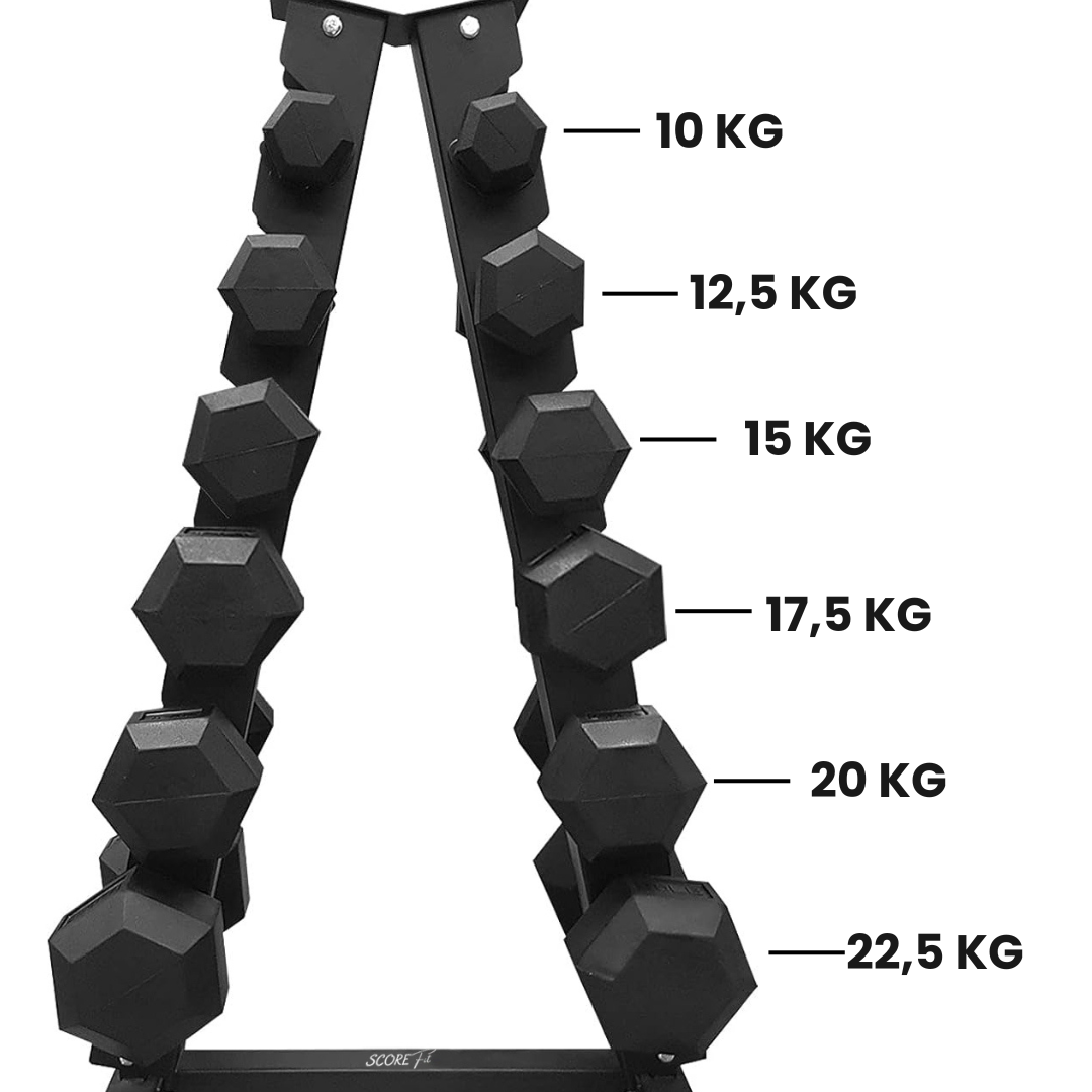 Pack 195 Kg Mancuernas Hexagonales (10 a 22.5kg) + Rack Triangular 2