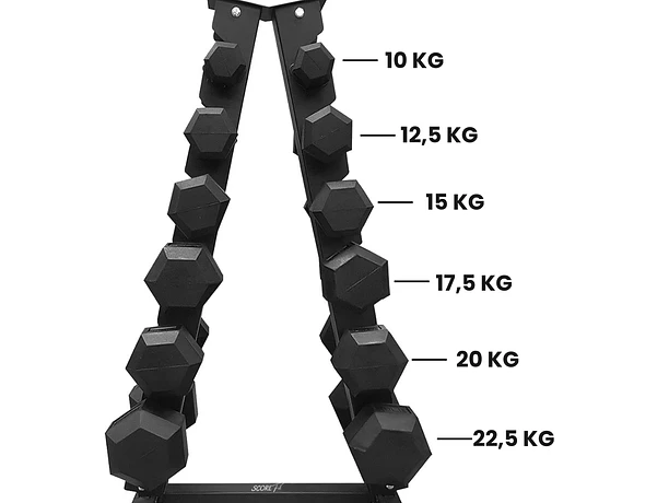Pack 195 Kg Mancuernas Hexagonales (10 a 22.5kg) + Rack Triangular