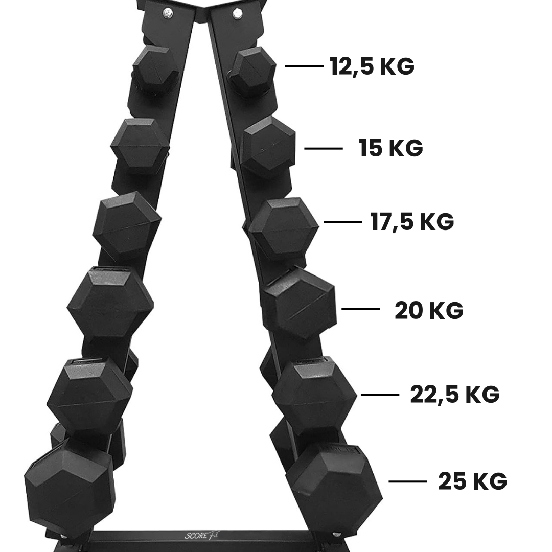 Pack 225 Kg Mancuernas Hexagonales (12.5 a 25kg) + Rack Triangular 2