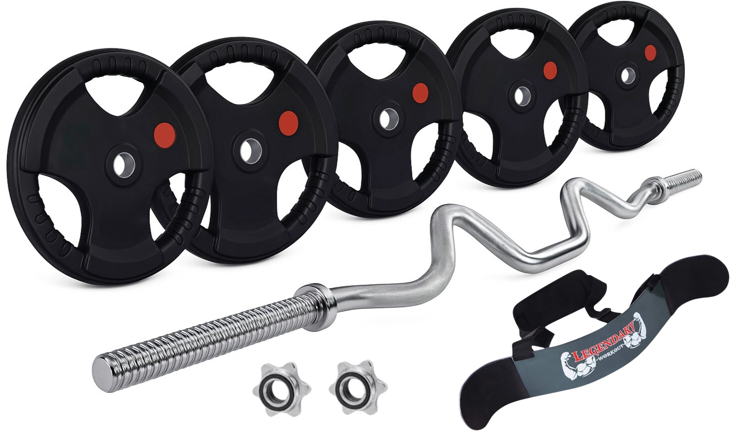 Pack 40 Kg Discos Grip Preolímpicos + Barra W + Cinturón Biceps 1