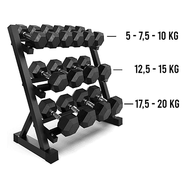 Pack 175 Kg Mancuernas Hexagonales (5 a 20kg) + Rack 3 Niveles 2