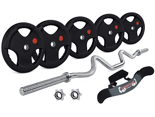 Pack 20 Kg Discos Grip Preolímpicos + Barra W + Cinturón Biceps