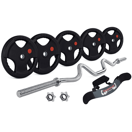 Pack 30 Kg Discos Grip Preolímpicos + Barra W + Cinturón Biceps 1