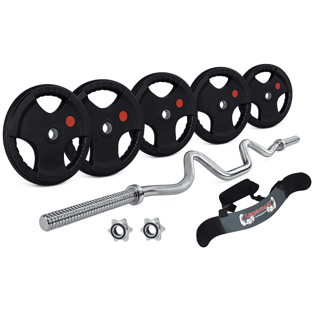 Pack 30 Kg Discos Grip Preolímpicos + Barra W + Cinturón Biceps 1
