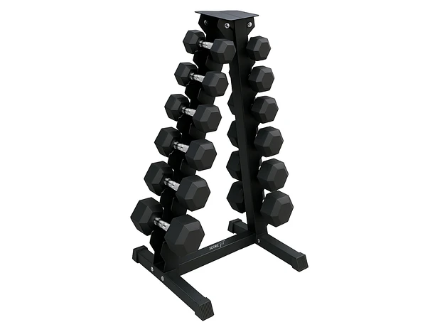 Pack 195 Kg Mancuernas Hexagonales (10 a 22.5kg) + Rack Triangular