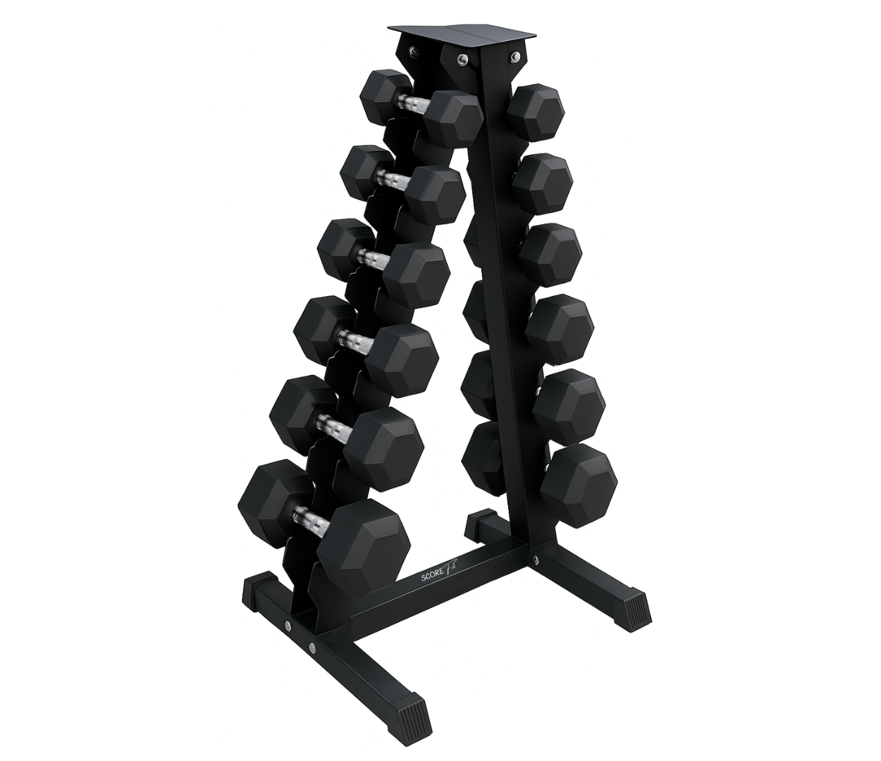 Pack 105 Kg Mancuernas Hexagonales (2.5 a 15kg) + Rack Triangular 1