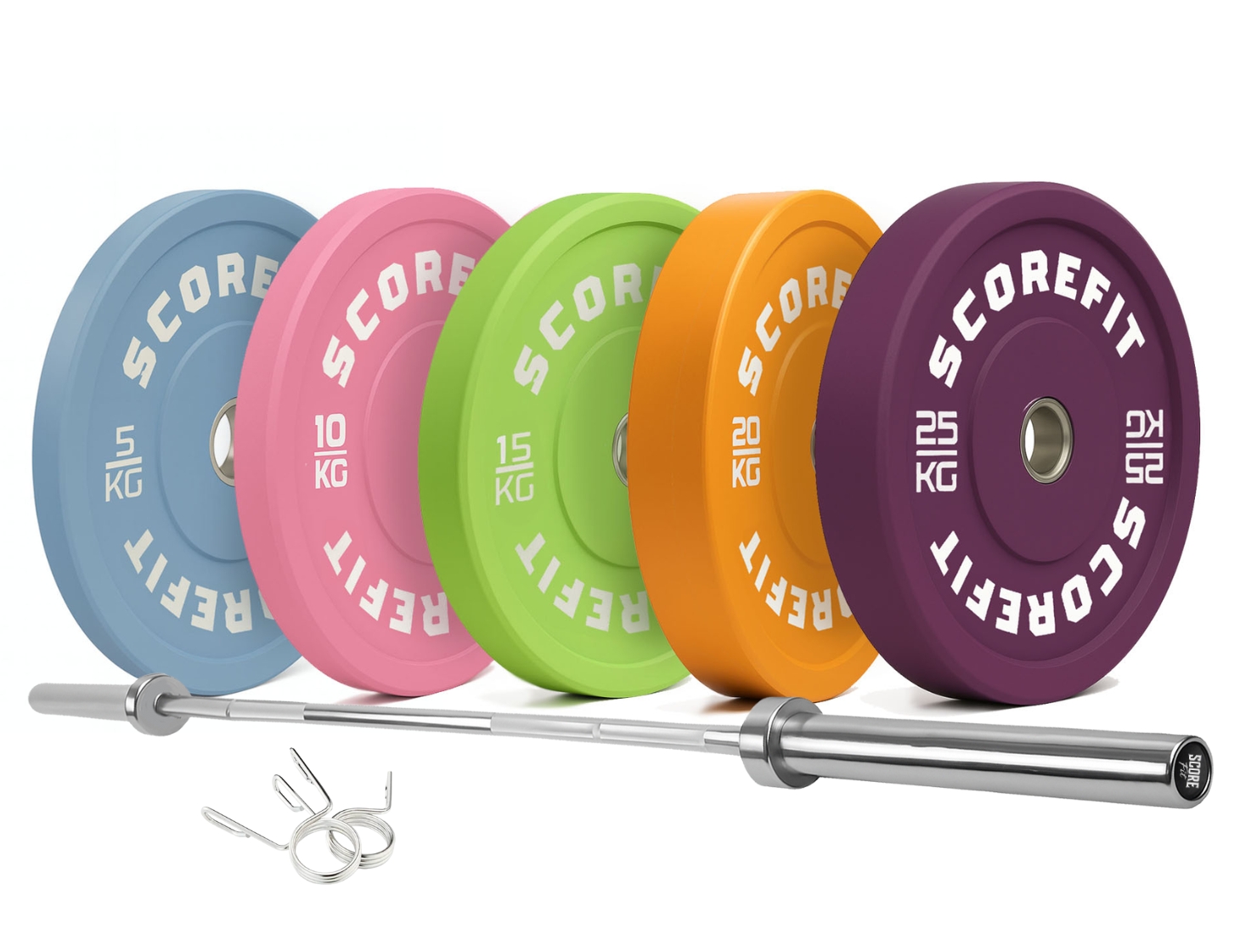 Pack 150 Kg Discos Bumper COLORS + Barra Olímpica 20 Kg 1