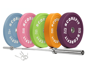 Pack 150 Kg Discos Bumper COLORS + Barra Olímpica 20 Kg