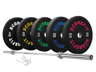 Pack 150 Kg Discos Bumper SCORE FIT® + Barra Olímpica 20 Kg