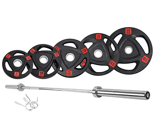 PREVENTA - Pack 150 Kg Discos Grip Pro + Barra Olímpica 20 Kg