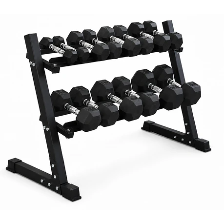Pack 140 Kg Mancuernas Hexagonales (2.5 a 17.5kg) + Rack 2 Niveles