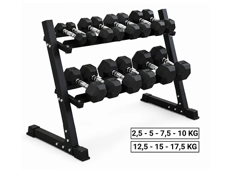 Pack 140 Kg Mancuernas Hexagonales (2.5 a 17.5kg) + Rack 2 Niveles