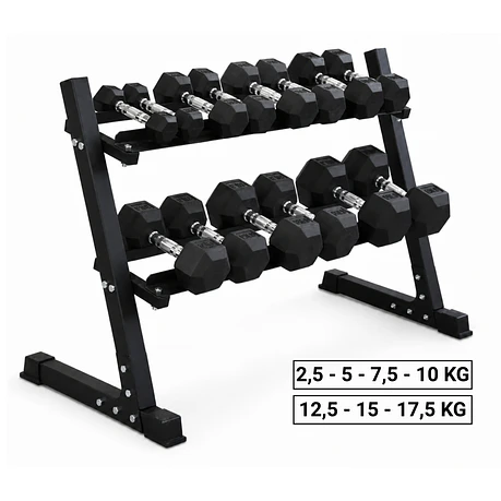 Pack 140 Kg Mancuernas Hexagonales (2.5 a 17.5kg) + Rack 2 Niveles