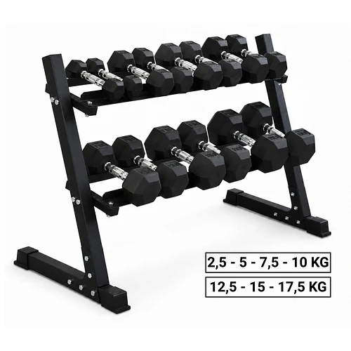 Pack 140 Kg Mancuernas Hexagonales (2.5 a 17.5kg) + Rack 2 Niveles
