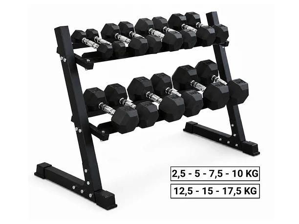 Pack 140 Kg Mancuernas Hexagonales (2.5 a 17.5kg) + Rack 2 Niveles