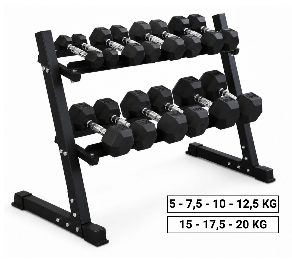 Pack 175 Kg Mancuernas Hexagonales (5 a 20kg) + Rack 2 Niveles 2