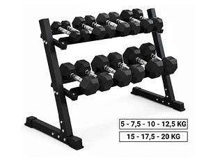 Pack 175 Kg Mancuernas Hexagonales (5 a 20kg) + Rack 2 Niveles