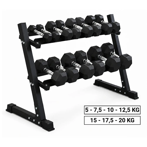 Pack 175 Kg Mancuernas Hexagonales (5 a 20kg) + Rack 2 Niveles