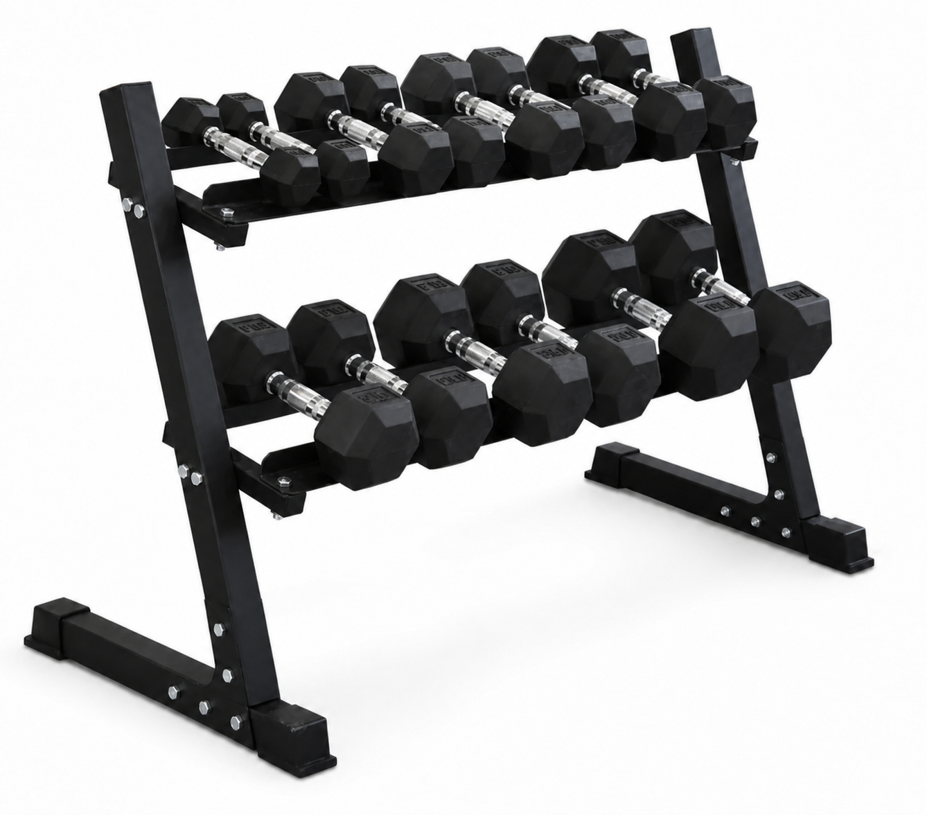 Pack 210 Kg Mancuernas Hexagonales (7.5 a 22.5kg) + Rack 2 Niveles 1