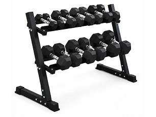 Pack 210 Kg Mancuernas Hexagonales (7.5 a 22.5kg) + Rack 2 Niveles
