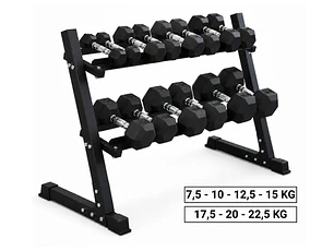 Pack 210 Kg Mancuernas Hexagonales (7.5 a 22.5kg) + Rack 2 Niveles