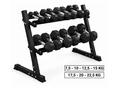 Pack 210 Kg Mancuernas Hexagonales (7.5 a 22.5kg) + Rack 2 Niveles