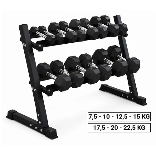 Pack 210 Kg Mancuernas Hexagonales (7.5 a 22.5kg) + Rack 2 Niveles