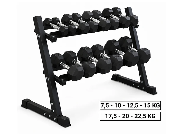 Pack 210 Kg Mancuernas Hexagonales (7.5 a 22.5kg) + Rack 2 Niveles