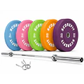Pack 150 Kg Discos Bumper COLORS + Barra Olímpica 20 Kg