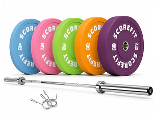 PREVENTA > Pack 150 Kg Discos Bumper COLORS + Barra Olímpica 20 Kg