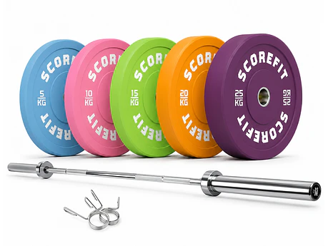 Pack 150 Kg Discos Bumper COLORS + Barra Olímpica 20 Kg