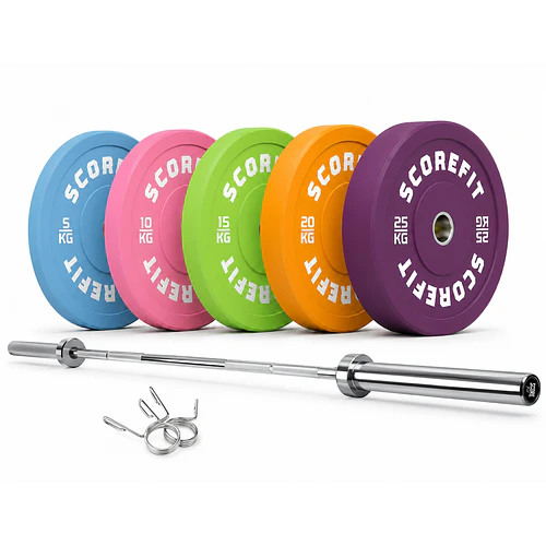 Pack 150 Kg Discos Bumper COLORS + Barra Olímpica 20 Kg