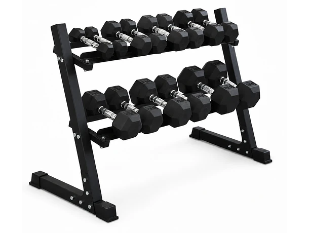 Pack 275 Kg Mancuernas Hexagonales (2.5 a 25kg) + Rack 2 Niveles