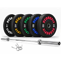 Pack 60 Kg Discos Bumper + Barra Olímpica 20 Kg