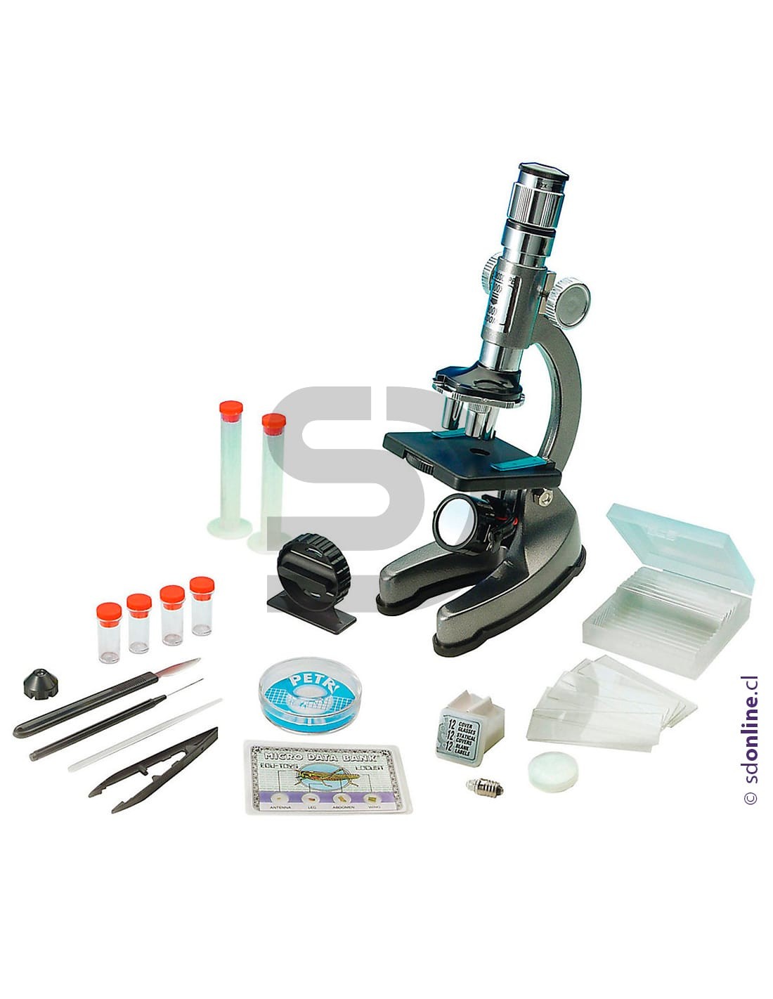 Microscopio metálico con accesorios