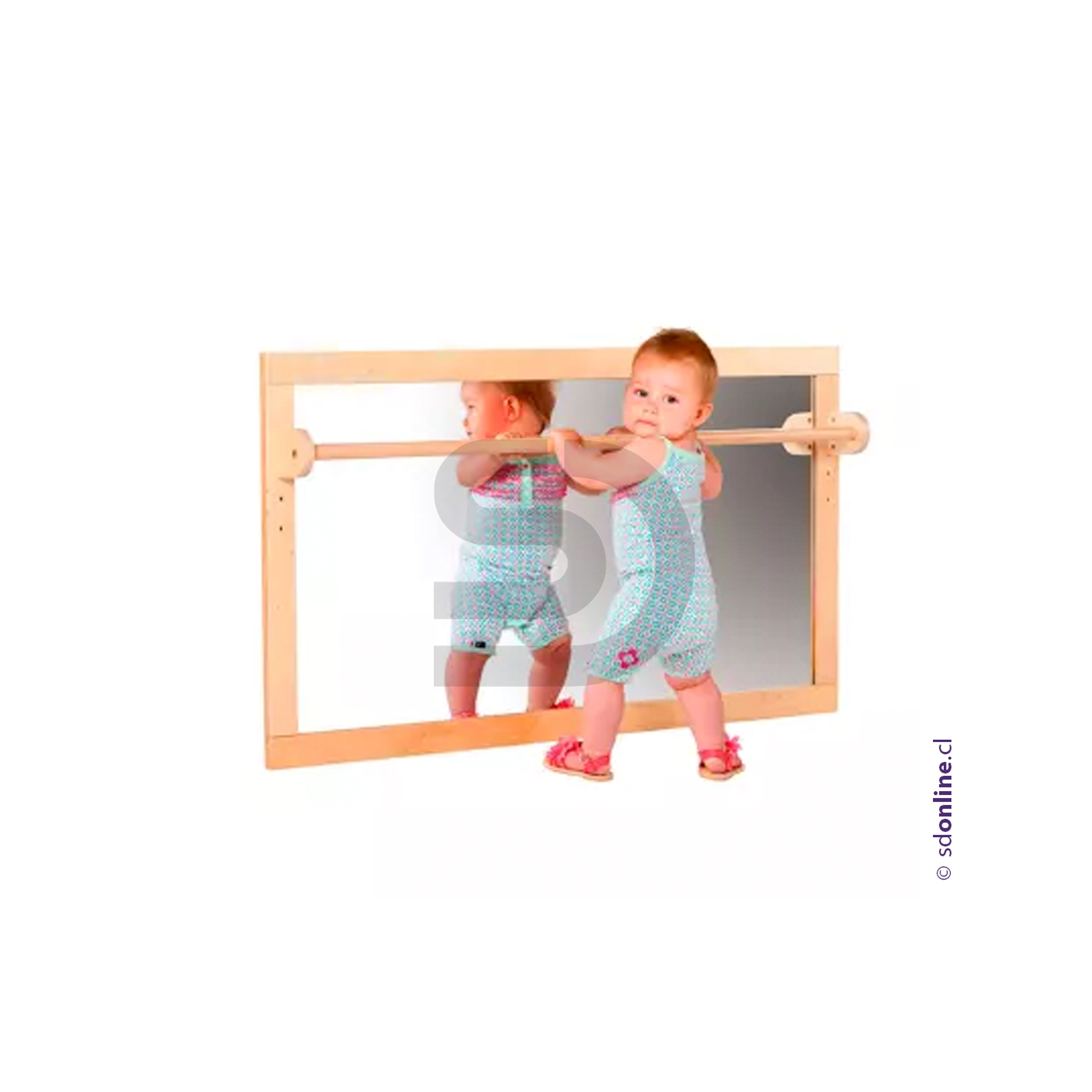 Espejo irrompible borde madera c/pasamano 4 actividades. 1