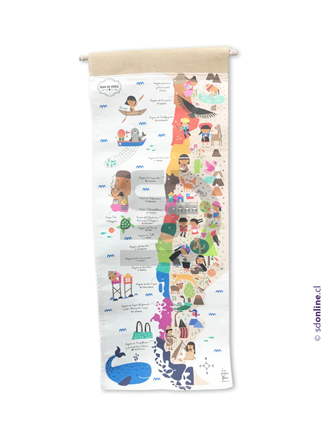 Mapa de chile en tela 72x29cms