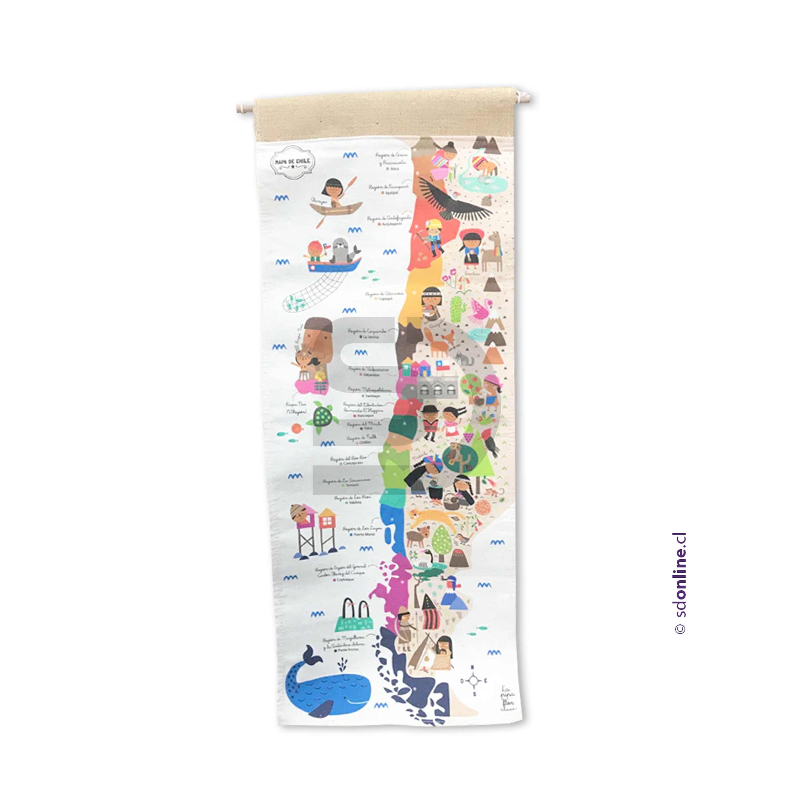 Mapa de chile en tela  72x29cms 1