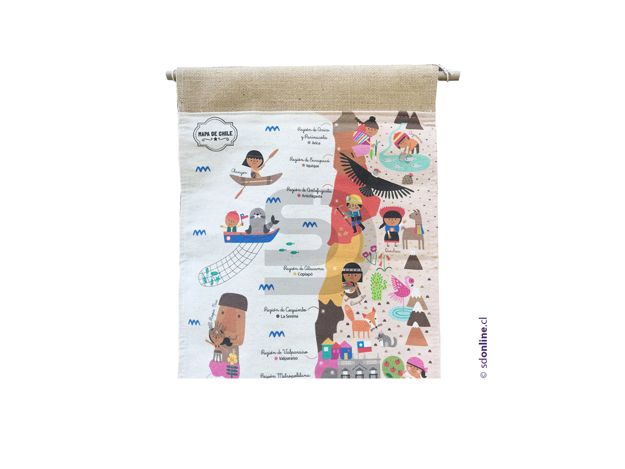 Mapa de chile en tela  72x29cms 2