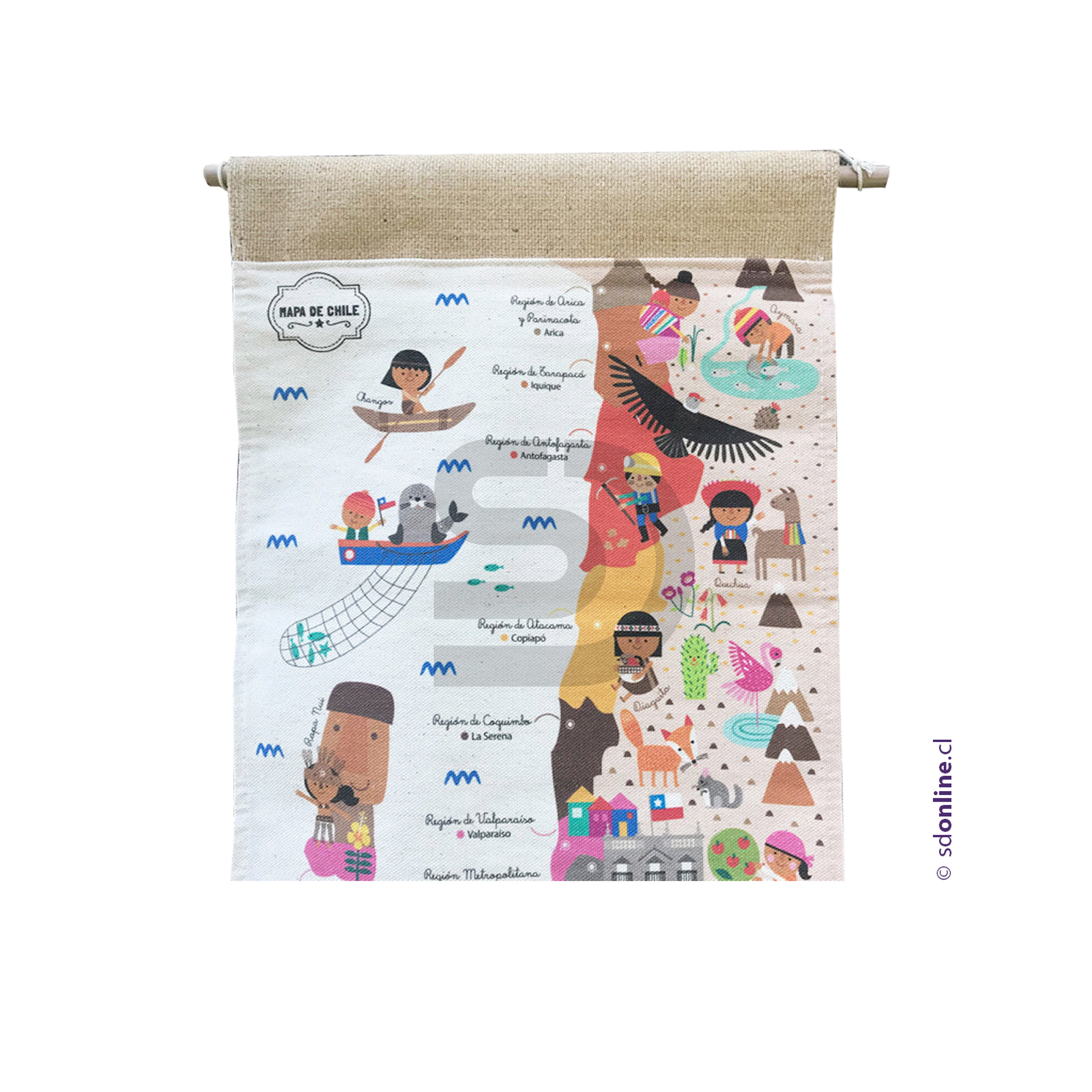 Mapa de chile en tela  72x29cms 2
