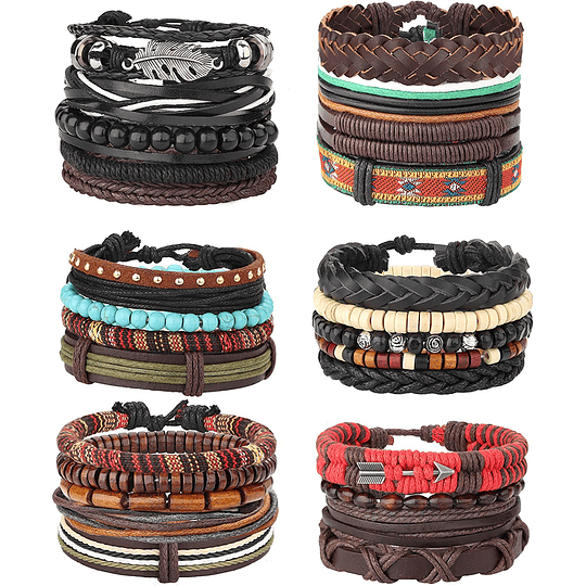 26 pieces woven, braided leather bracelet for men and women, hemp cords, wooden beads, adjustable cuff bracelets